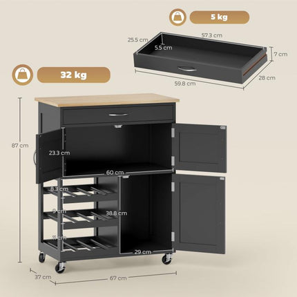 Wooden Kitchen Trolley with Wine Rack, 3 Doors and Drawer, 67x37x87 cm, Black and Oak