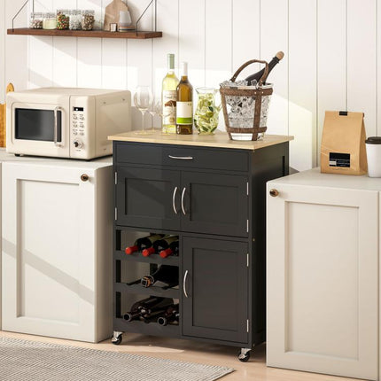 Wooden Kitchen Trolley with Wine Rack, 3 Doors and Drawer, 67x37x87 cm, Black and Oak