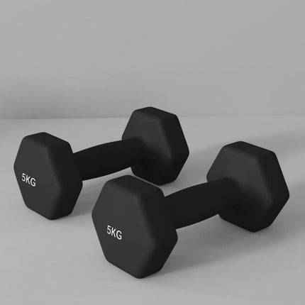 Set of 2 Hexagonal Dumbbells (2 x 5 kg), Metal and Plastic with Non-Slip Grip, 20 x 9 x 9 cm, Black