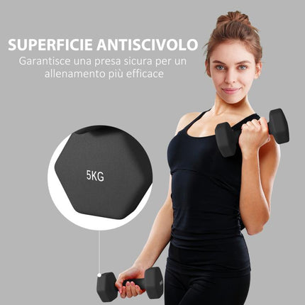 Set of 2 Hexagonal Dumbbells (2 x 5 kg), Metal and Plastic with Non-Slip Grip, 20 x 9 x 9 cm, Black