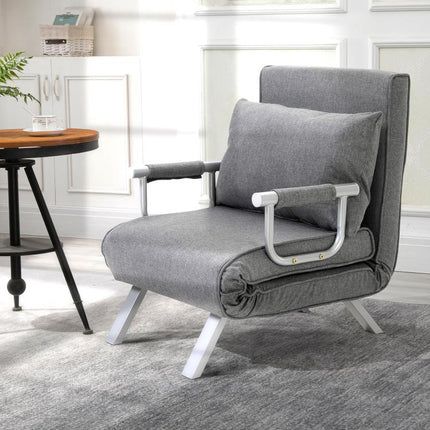 Single Convertible Chair Bed with 5-Level Adjustable Backrest and Cushion, Fabric, Light Grey