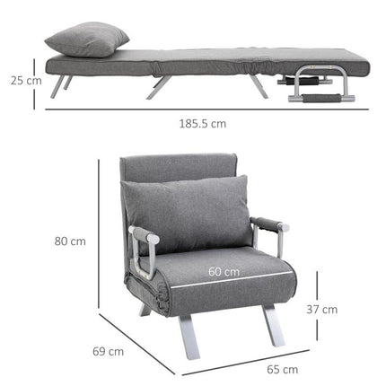 Single Convertible Chair Bed with 5-Level Adjustable Backrest and Cushion, Fabric, Light Grey