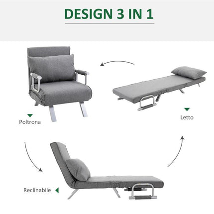 Single Convertible Chair Bed with 5-Level Adjustable Backrest and Cushion, Fabric, Light Grey