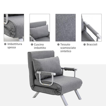 Single Convertible Chair Bed with 5-Level Adjustable Backrest and Cushion, Fabric, Light Grey