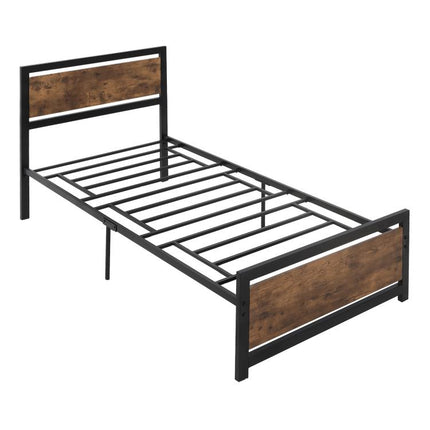 Industrial-Style Wood and Steel Single Bed Frame with Slats, 90x200cm