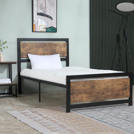 Industrial-Style Wood and Steel Single Bed Frame with Slats, 90x200cm