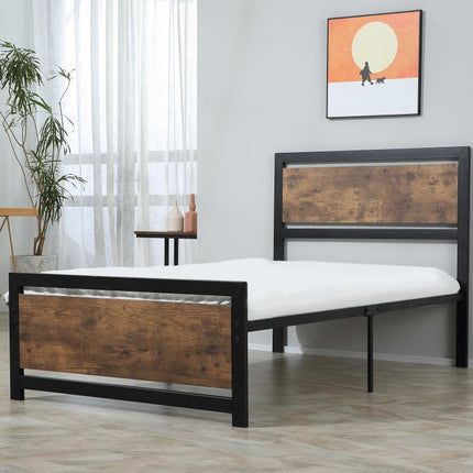 Industrial-Style Wood and Steel Single Bed Frame with Slats, 90x200cm