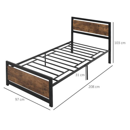 Industrial-Style Wood and Steel Single Bed Frame with Slats, 90x200cm