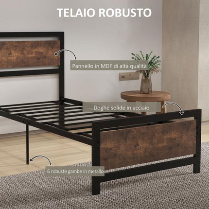 Industrial-Style Wood and Steel Single Bed Frame with Slats, 90x200cm
