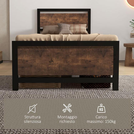 Industrial-Style Wood and Steel Single Bed Frame with Slats, 90x200cm