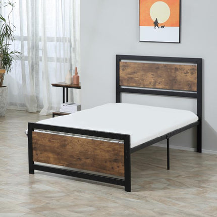 Industrial-Style Wood and Steel Single Bed Frame with Slats, 90x200cm
