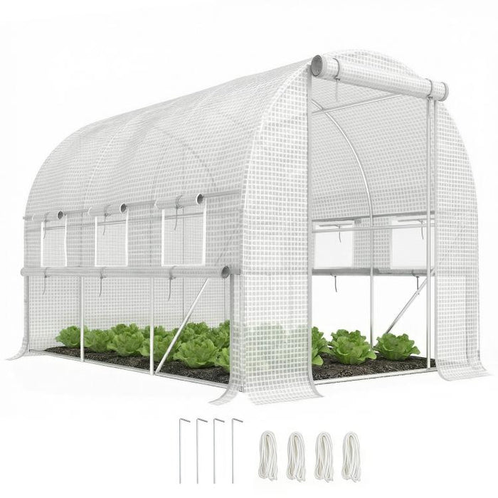 3x2x2m Steel Garden Greenhouse with PE Cover, Zippered Doors, and Mesh Windows – White