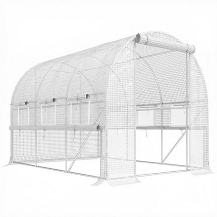3x2x2m Steel Garden Greenhouse with PE Cover, Zippered Doors, and Mesh Windows – White