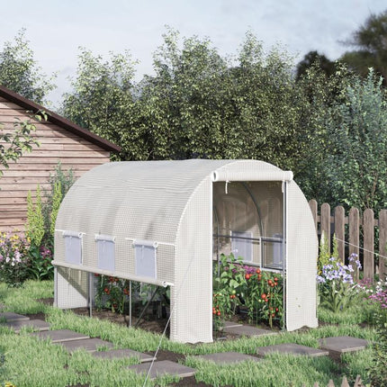 3x2x2m Steel Garden Greenhouse with PE Cover, Zippered Doors, and Mesh Windows – White