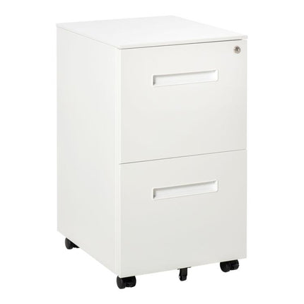 Office Drawer Unit on Wheels, 2-Drawer Steel Filing Cabinet with Lock and 2 Keys, 39x48x67cm, White