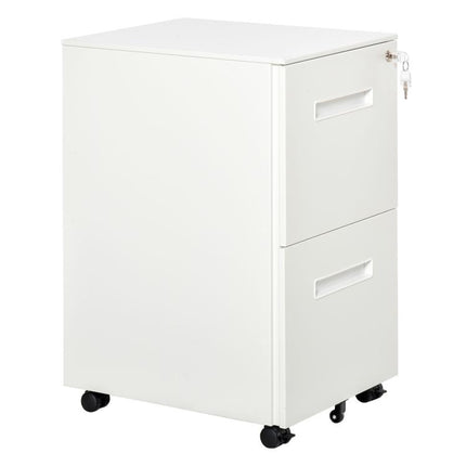 Office Drawer Unit on Wheels, 2-Drawer Steel Filing Cabinet with Lock and 2 Keys, 39x48x67cm, White