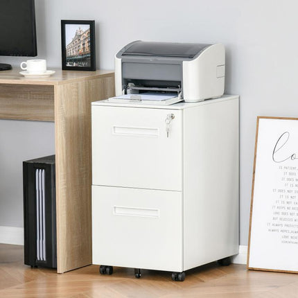 Office Drawer Unit on Wheels, 2-Drawer Steel Filing Cabinet with Lock and 2 Keys, 39x48x67cm, White