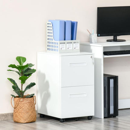 Office Drawer Unit on Wheels, 2-Drawer Steel Filing Cabinet with Lock and 2 Keys, 39x48x67cm, White