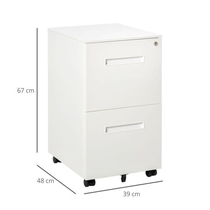 Office Drawer Unit on Wheels, 2-Drawer Steel Filing Cabinet with Lock and 2 Keys, 39x48x67cm, White
