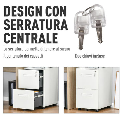 Office Drawer Unit on Wheels, 2-Drawer Steel Filing Cabinet with Lock and 2 Keys, 39x48x67cm, White