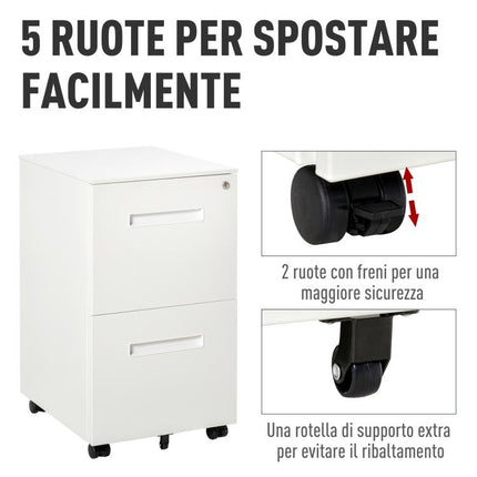 Office Drawer Unit on Wheels, 2-Drawer Steel Filing Cabinet with Lock and 2 Keys, 39x48x67cm, White