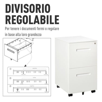 Office Drawer Unit on Wheels, 2-Drawer Steel Filing Cabinet with Lock and 2 Keys, 39x48x67cm, White