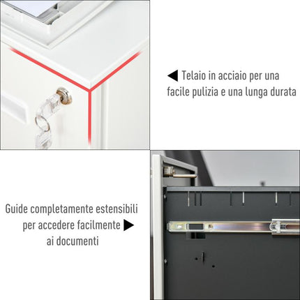 Office Drawer Unit on Wheels, 2-Drawer Steel Filing Cabinet with Lock and 2 Keys, 39x48x67cm, White