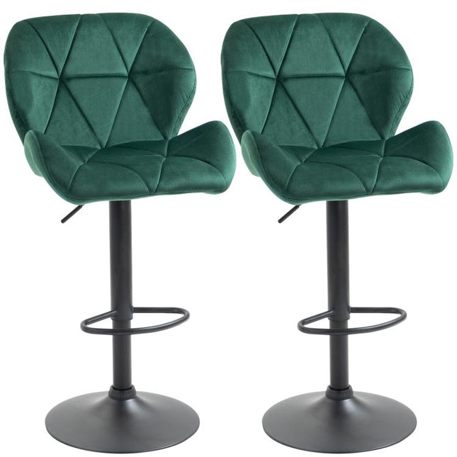 Set of 2 Bar Stools, Height-Adjustable with Metal Base and Velvet Seat, Modern Kitchen Stools with Backrest and Footrest, 46x48x83-104cm, Green