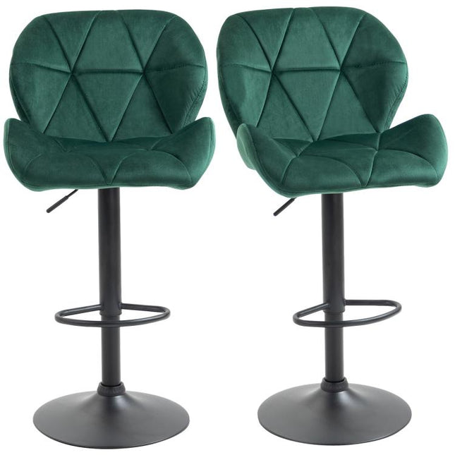 Set of 2 Bar Stools, Height-Adjustable with Metal Base and Velvet Seat, Modern Kitchen Stools with Backrest and Footrest, 46x48x83-104cm, Green