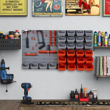 44-Piece Tool Storage Unit with Adjustable and Removable Bins, Wall-Mounted, PP, Red/Grey, 54x22x95cm