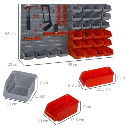 44-Piece Tool Storage Unit with Adjustable and Removable Bins, Wall-Mounted, PP, Red/Grey, 54x22x95cm