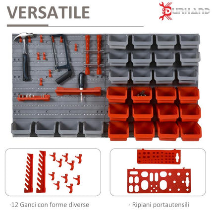 44-Piece Tool Storage Unit with Adjustable and Removable Bins, Wall-Mounted, PP, Red/Grey, 54x22x95cm