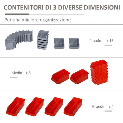 44-Piece Tool Storage Unit with Adjustable and Removable Bins, Wall-Mounted, PP, Red/Grey, 54x22x95cm