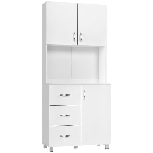 Kitchen and Living Room Cabinet, Modern White Wooden Cabinet, 2 Cupboards, Adjustable Shelves, 1 Open Shelf, and 3 Drawers, 80x39.5x183.5cm