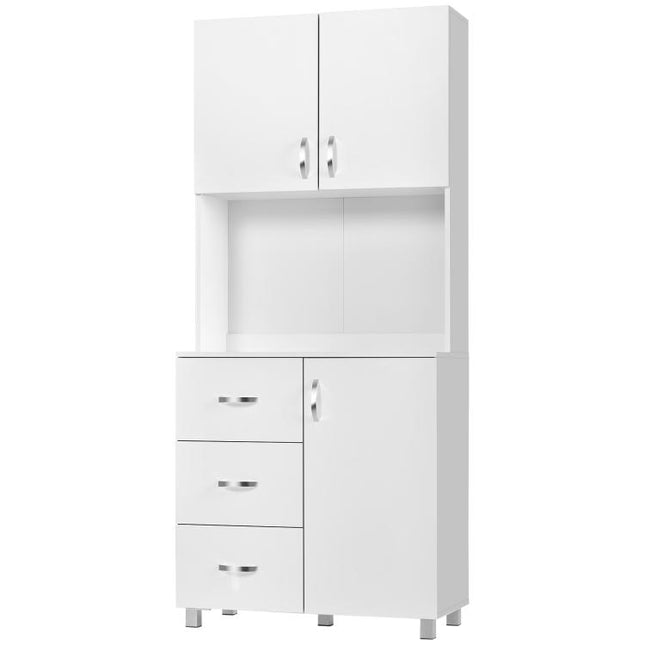 Kitchen and Living Room Cabinet, Modern White Wooden Cabinet, 2 Cupboards, Adjustable Shelves, 1 Open Shelf, and 3 Drawers, 80x39.5x183.5cm