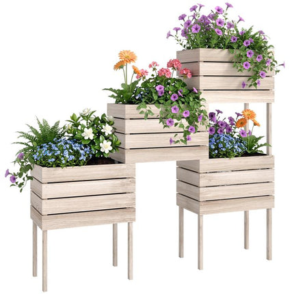 Raised Garden Bed with 4 Planters (50x30x60 cm), Natural Wood Finish