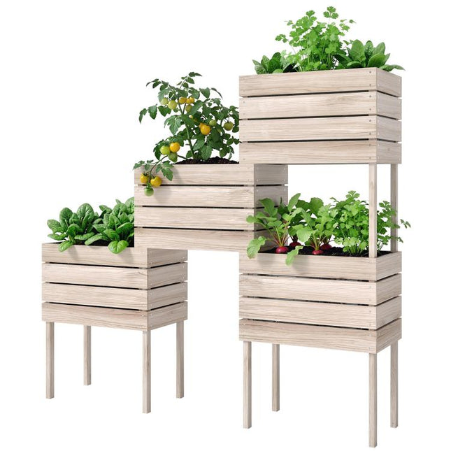 Raised Garden Bed with 4 Planters (50x30x60 cm), Natural Wood Finish