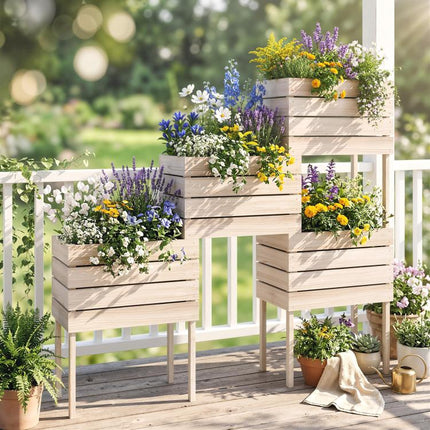 Raised Garden Bed with 4 Planters (50x30x60 cm), Natural Wood Finish