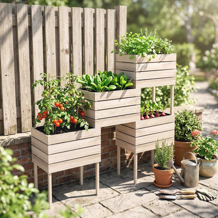 Raised Garden Bed with 4 Planters (50x30x60 cm), Natural Wood Finish