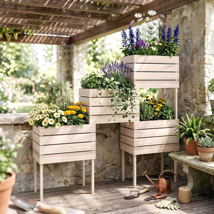 Raised Garden Bed with 4 Planters (50x30x60 cm), Natural Wood Finish