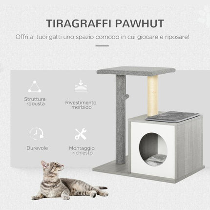 Multi-level Scratching Tree for Cats and Kittens with Bed and Sisal Rope Post, Grey, 59 x 39 x 62 cm