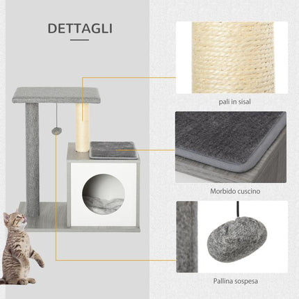 Multi-level Scratching Tree for Cats and Kittens with Bed and Sisal Rope Post, Grey, 59 x 39 x 62 cm