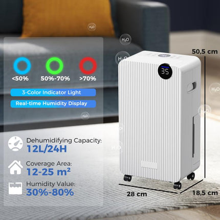 12L/Day Dehumidifier, 2.1L Water Tank, LED Display, 24-Hour Timer, Child Lock, for 12–25m2 – White