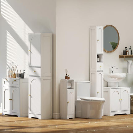 White Under-Sink Cabinet with 2 Doors, Arch Design, Adjustable Shelf, and Gold Handles (60x30x65 cm)