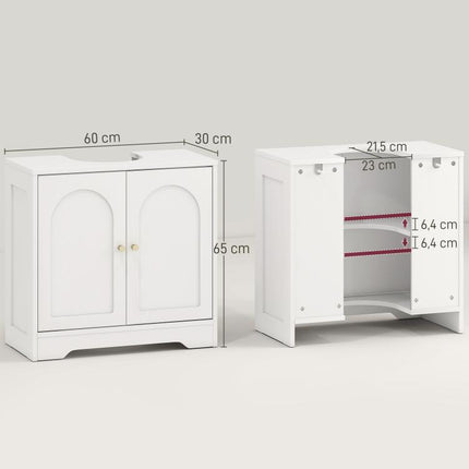White Under-Sink Cabinet with 2 Doors, Arch Design, Adjustable Shelf, and Gold Handles (60x30x65 cm)