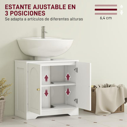 White Under-Sink Cabinet with 2 Doors, Arch Design, Adjustable Shelf, and Gold Handles (60x30x65 cm)