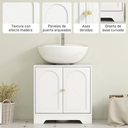 White Under-Sink Cabinet with 2 Doors, Arch Design, Adjustable Shelf, and Gold Handles (60x30x65 cm)