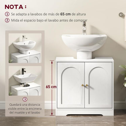 White Under-Sink Cabinet with 2 Doors, Arch Design, Adjustable Shelf, and Gold Handles (60x30x65 cm)
