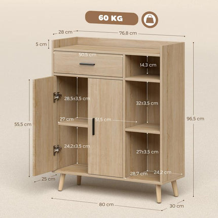 Modern Living Room Sideboard with 2 Doors, 1 Drawer, and 3 Open Shelves 80x30x96.5 cm Natural