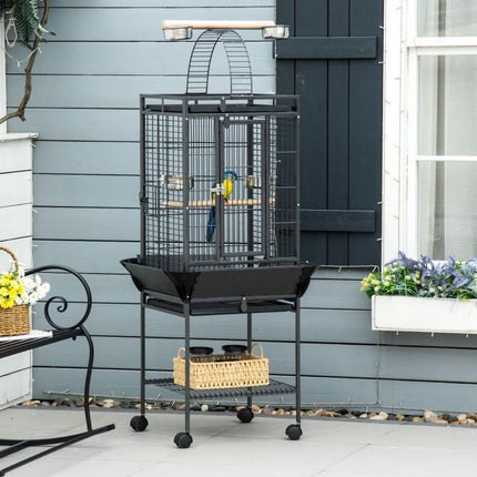Bird/Parrot Cage with Wheels, Perches, Feeders, Shelf, Arched Bridge, and Removable Trays – Suitable for Cockatiels, Parakeets, and Conures (62.5 x 62.5 x 156 cm, Grey)